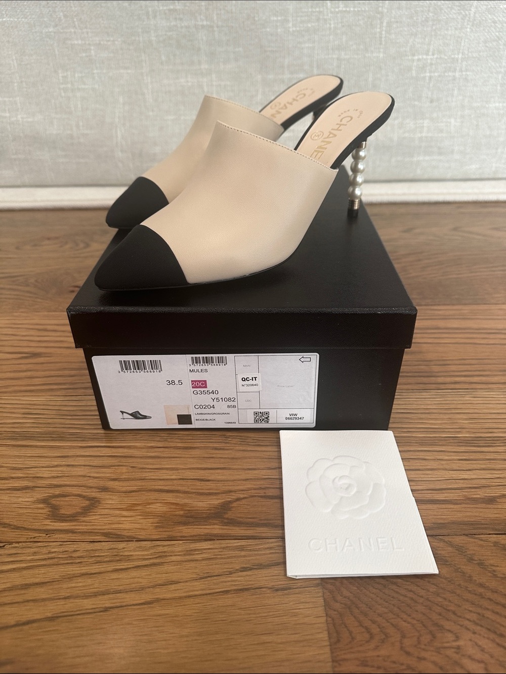 CHANEL Beige and Black Pearl-Embellished Heel Mules